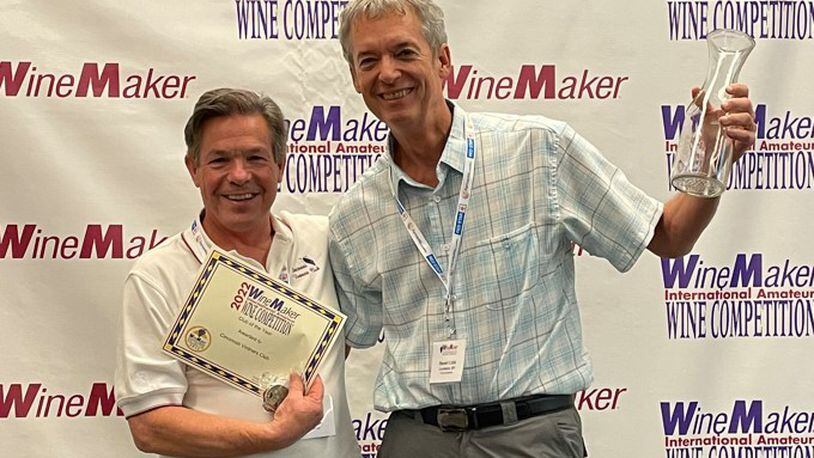 Cincinnati Vintner Club members Greg Amend and Rich McKinney of Liberty Twp. won 16 of the club's medals in 2022. CONTRIBUTED