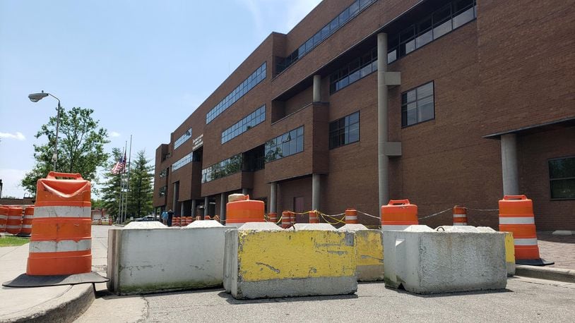 Barricades were set up at the Middletown city building ahead of an anticipated protest there on Wednesday, June 3, 2020. NICK GRAHAM  / STAFF
