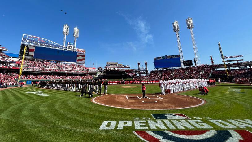 The scene before a game between the Reds and the Pirates on Opening Day on Thursday, March 30, 2023, at Great American Ball Park in Cincinnati. David Jablonski/Staff