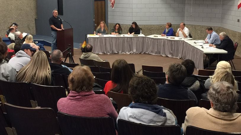 A resident shares his thoughts with the Carlisle Board of Education about the proposed retirement/rehiring of Superintendent Larry Hook during board meeting on Monday, Feb. 24, 2020 at Carlisle High School. The board held a 35-minute public hearing to gather input from residents. No action is expected to be taken on the proposal until the board’s March meeting. ED RICHTER/STAFF