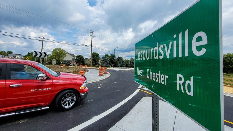 The roundabout at LeSourdsville West Chester Road and Millikin Road has been repaired and is now in operation with cosmetic decor still left to be completed. NICK GRAHAM / STAFF