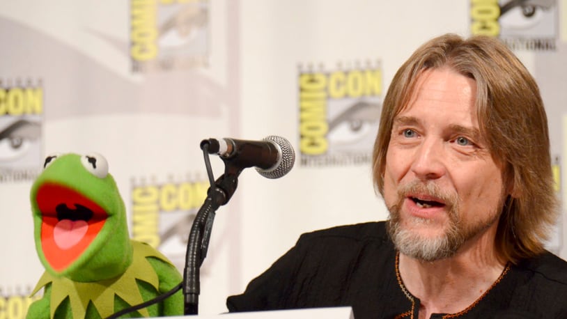 FILE - In this July 11, 2015, file photo, Kermit the Frog, left, and puppeteer Steve Whitmire attend "The Muppets" panel on day 3 of Comic-Con International in San Diego. ABC News and The Hollywood Reporter reported July 10, 2017, that Whitmire is no longer performing the character. (Photo by Tonya Wise/Invision/AP, File)