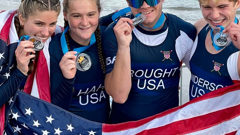 The Great Miami Rowing Center sent several to the World Rowing Coastals' competition in Wales and had multiple podium finishes. Pictured are, from left, Annalie Duncomb, of Mason, and her junior women's doubles partner Annelise Hahl, of North Carolina, and Gary Rought, of Mason and his junior men's doubles partner Malachi Anderson, of Hamilton. Duncomb and Hahl took third in their event and Rought and Anderson took silver. PROVIDED
