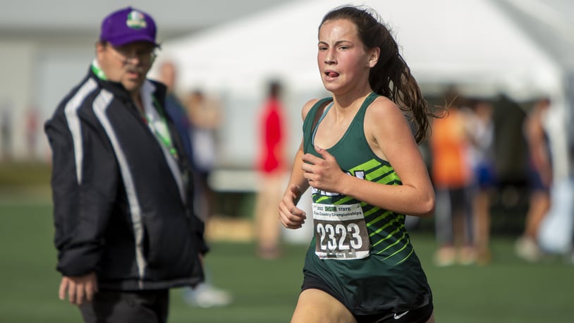 Badin sophomore Abby Mathews runs to an all-state finish at Saturday's Division II state cross country meet at Fortress Obetz. CONTRIBUTED/Jeff Gilbert