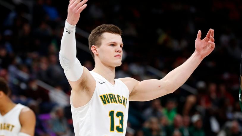 Wright State’s guard Grant Benzinger celebrate’s during their 74-57 win against Cleveland State during the second half of an NCAA basketball game in the Horizon League tournament championship in Detroit, Tuesday, March 6, 2018. (AP Photo/Paul Sancya)
