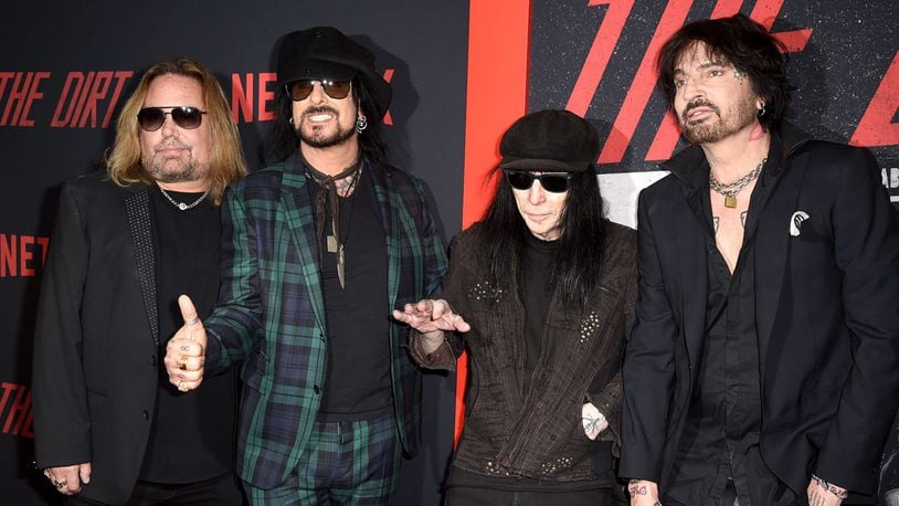 (L-R) Vince Neil, Nikki Sixx, Mick Mars and Tommy Lee of Motley Crue arrive at the premiere of Netflix's "The Dirt" at ArcLight Hollywood on March 18, 2019 in Hollywood, California.