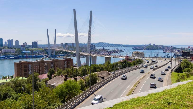 FILE - A view of the bridge connecting the Russky Island and Vladivostok, in Russia's far east, is seen on Aug. 26, 2023. An American soldier has been arrested in Russia and accused of stealing. That's according to two U.S. officials who spoke to The Associated Press. The soldier, who is not being identified, was stationed in South Korea and was in the process of returning home to the United States. Instead, he traveled to Russia. According to the officials, the soldier was arrested late last week in Vladivostok. It was unclear Monday, May 6, 2024, if the soldier is considered absent without leave, or AWOL. (AP Photo/Alexander Khitrov)