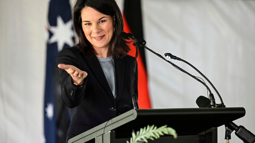 Germany's Foreign Minister Annalena Baerbock speaks in Adelaide, Friday, May 3, 2024, during a ceremony to mark the return of four significant cultural heritage items to the indigenous Kaurna people from the collection of the Grassi Museum in Leipzig. (Michael Errey/Pool Photo via AP)