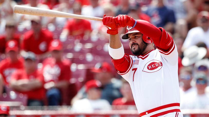 CINCINNATI, OH - AUGUST 18: Eugenio Suarez #7 of the Cincinnati Reds tries to check his swing while batting in the seventh inning against the St. Louis Cardinals at Great American Ball Park on August 18, 2019 in Cincinnati, Ohio. The Cardinals defeated the Reds 5-4. (Photo by Joe Robbins/Getty Images)