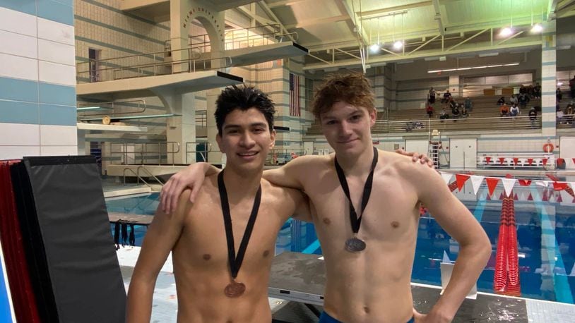 Junior Jonah Femiani, left, finished third in the boys’ 100-yard breaststroke at the league meet while sophomore Stephen Mullally was second in the event. CONTRIBUTED
