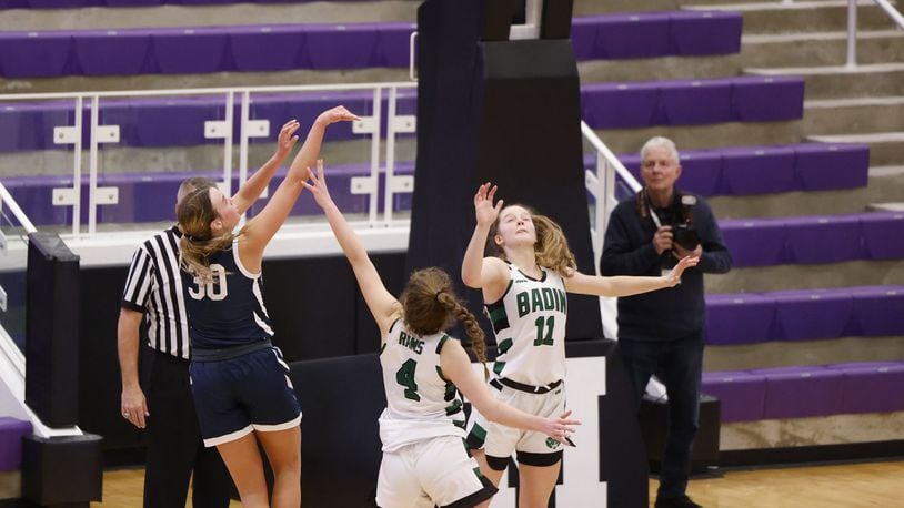 Valley View's Claire Henson puts up a shot defended by Badin's Lauren Grawe (4) and Jada Pohlen (11) during their Division II girls district basketball semifinal Thursday, Feb. 17, 2022 at Middletown High School. Badin defeated Valley View 49-47. NICK GRAHAM/STAFF