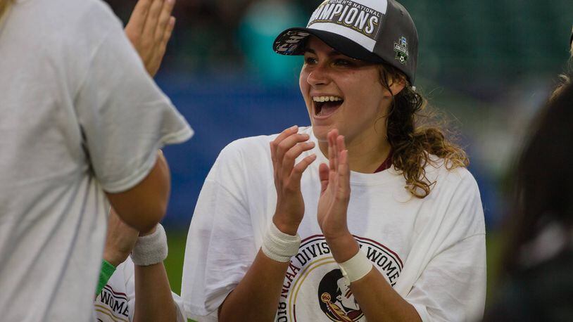 Badin grad Malia Berkely celebrates Florida State’s 1-0 win over North Carolina in Sunday’s NCAA women’s soccer championship game. CONTRIBUTED PHOTO BY SHANE LARDINOIS