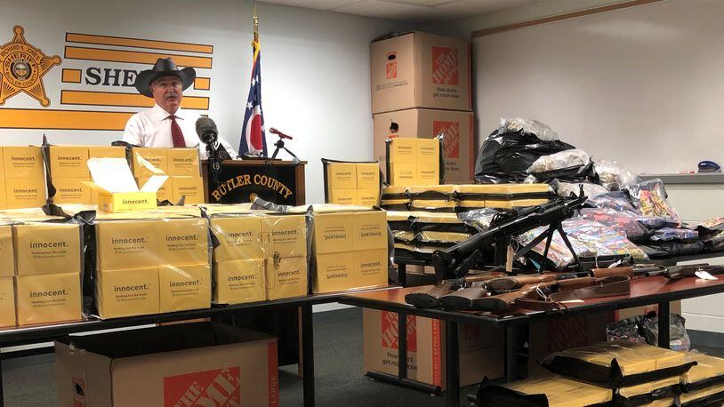 Butler County Sheriff Richard K. Jones said more than $3 million in drugs and guns were seized Tuesday in Butler County. One man has been arrested and charged with two felonies. RICK McCRABB/STAFF