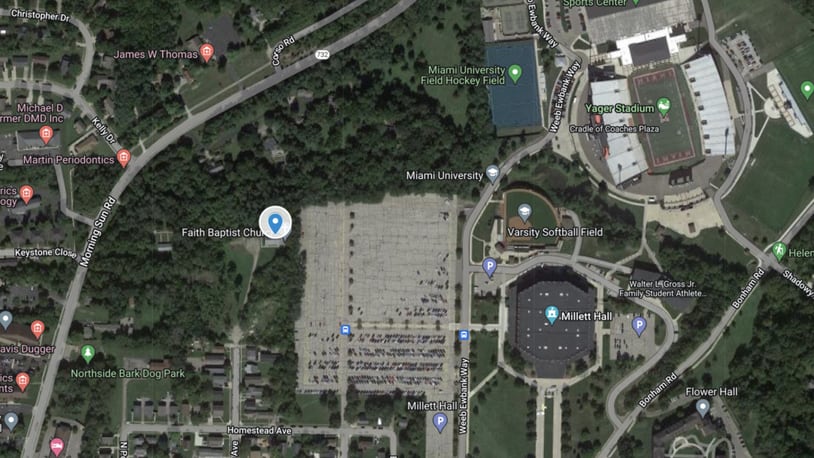 The large blue pin on this map near Faith Baptist Church shows the proposed location of the 92-room Fairfield Hotel by Marriott. CONTRIBUTED/GOOGLE MYMAPS/DEVIN ANKENEY