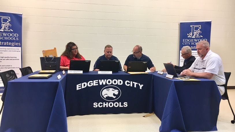 The Edgewood Board of Education met Monday evening at Edgewood High School but neither the board members present - Tom York and Beth Benjamin were absent - nor school district officials would comment on a federal lawsuit alleging sexual harassment by a school janitor against a female custodian.(Photo by Michael D. Clark/Journal-News)