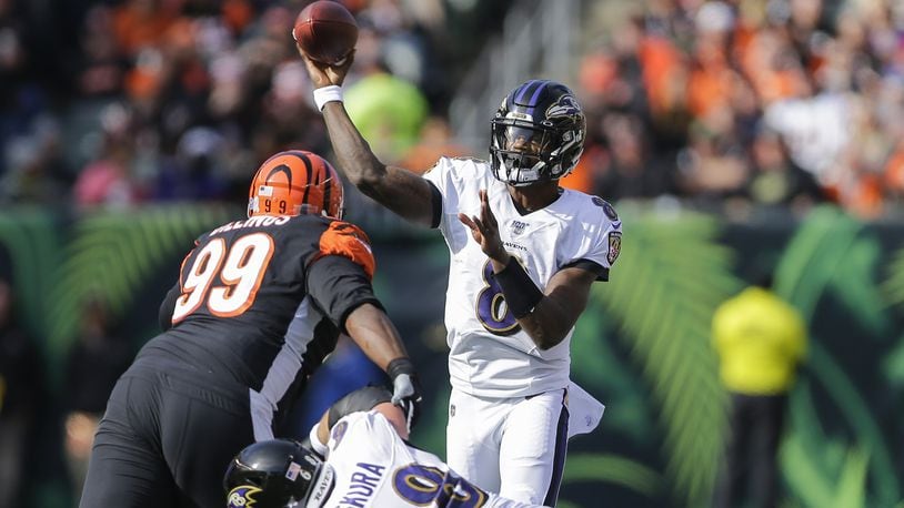 CINCINNATI, OHIO - NOVEMBER 10: Lamar Jackson #8 of the Baltimore Ravens throws a pass against the Cincinnati Bengals during the first quarter of the game at Paul Brown Stadium on November 10, 2019 in Cincinnati, Ohio. (Photo by Silas Walker/Getty Images)