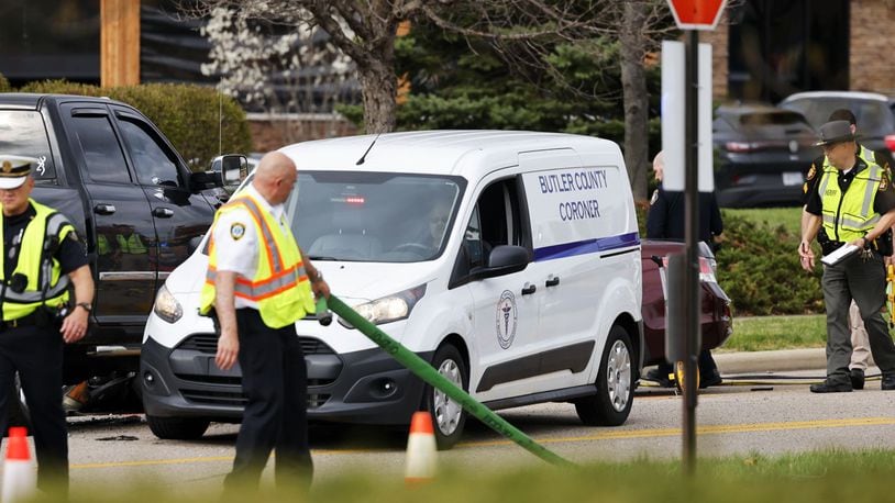 The Butler County Coroner's Office responded to a two-vehicle deadly crash Tuesday afternoon, April 12, 2022, on Civic Center Boulevard in West Chester Twp. NICK GRAHAM / STAFF