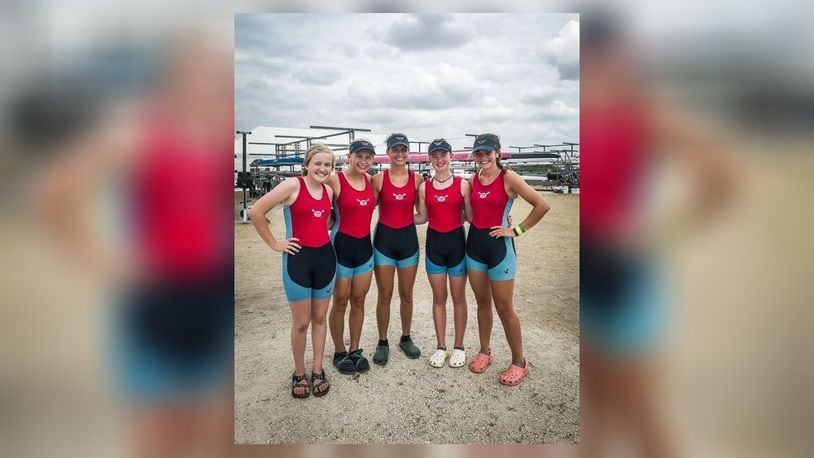 The Great Miami Rowing Center 4-woman team recently competing in nationals in Florida were, from left, coxswain Caroline Bishop (15), Anna Hodge (15), Sylvia Ferraro (18), Lorelei Langmeyer (14), and Alanna Schlaeger (17). PROVIDED