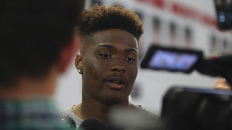 Ohio State’s Dwayne Haskins talks to reporters on Monday, Aug. 14, 2017, at the Woody Hayes Athletic Center in Columbus. David Jablonski/Staff