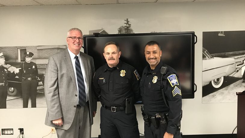 Middletown police Chief Rodney Muterspaw, left, with newly promoted Lt. Andy Warrick, center, and Sgt. Raqib Ahmed, right. Warrick and Ahmed were promoted effective Nov. 2. CONTRIBUTED/CITY OF MIDDLETOWN