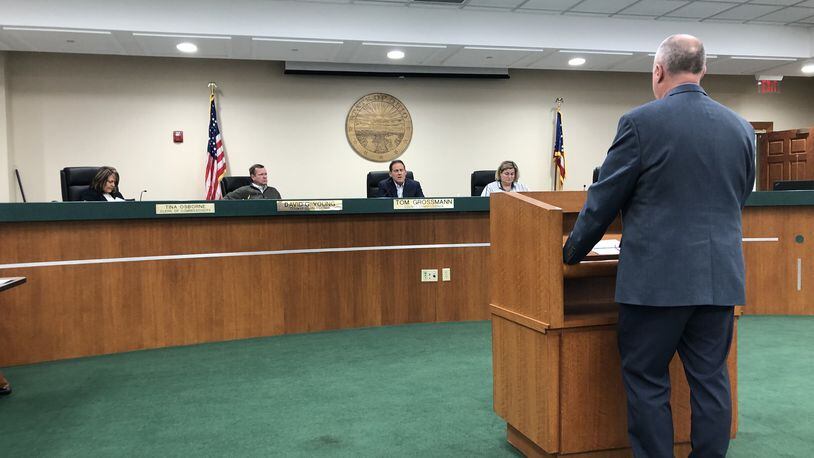 Warren County Health Commissioner Duane Stansbury during a March meeting with the Warren County Board of Commissioners on COVID-19. STAFF LAWRENCE BUDD