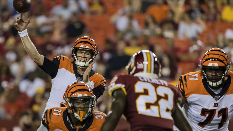 LANDOVER, MD - AUGUST 15: Ryan Finley #5 of the Cincinnati Bengals attempts a pass against the Washington Redskins during the first half of a preseason game at FedExField on August 15, 2019 in Landover, Maryland. (Photo by Scott Taetsch/Getty Images)