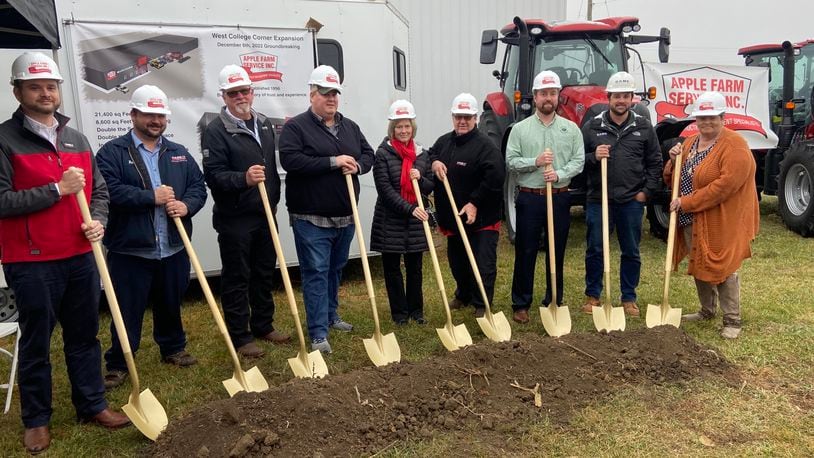 Some of those in attendance at Tuesday’s groundbreaking of Apple Farm Service Inc. in West College Corner were members of the Apple family, with current Present and CEO Bill Apple; Alex Noctin from Bath State Bank and Melissa Browning. CONTRIBUTED