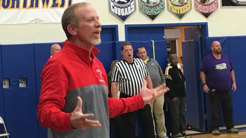 Fairfield coach Jeff Sims questions a call during Tuesday night’s 58-44 loss at Northwest. RICK CASSANO/STAFF