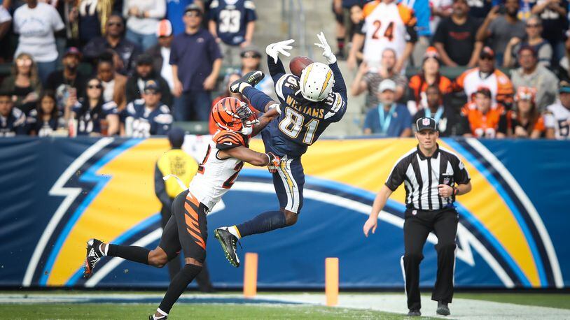 CARSON, CA - DECEMBER 09: Wide receiver Mike Williams #81 of the Los Angeles Chargers makes an incomplete pass play in front of cornerback William Jackson #22 of the Cincinnati Bengals in the second quarter at StubHub Center on December 9, 2018 in Carson, California. (Photo by Sean M. Haffey/Getty Images)