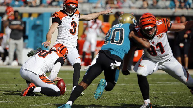 Cincinnati Bengals kicker Marshall Koehn makes his first extra point kicking against the Jacksonville Jaguars during the first half of an NFL football game, Sunday, Nov. 5, 2017, in Jacksonville, Fla. (AP Photo/Stephen B. Morton)