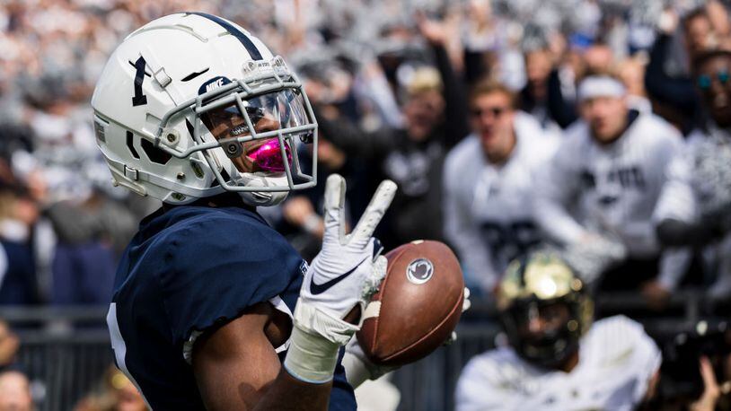 STATE COLLEGE, PA - OCTOBER 05: KJ Hamler #1 of the Penn State Nittany Lions celebrates after catching a pass for a touchdown against the Purdue Boilermakers during the first half at Beaver Stadium on October 5, 2019 in State College, Pennsylvania. (Photo by Scott Taetsch/Getty Images)