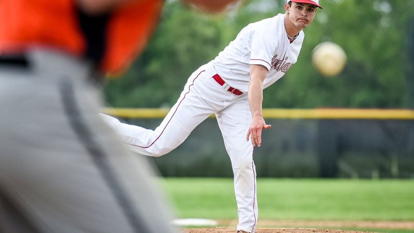 Adam Goodpaster, who’s expected to be the starting pitcher for Carlisle in Thursday’s Division III regional semifinal against Cincinnati Country Day, throws a pitch during a 7-5 win over Waynesville on May 1 at Carlisle’s Sam Franks Field. NICK GRAHAM/STAFF