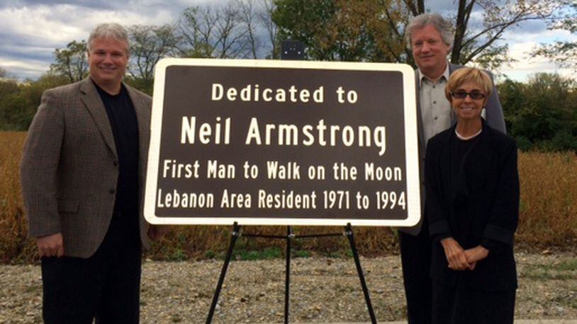 Development is proposed at the corner of Ohio 63 and Neil Armstrong Way, opened in 2014 in Lebanon. In this file photo, Mark Armstrong (left) and Rick Armstrong were shown with Lebanon Mayor Amy Brewer in a ceremony honoring Neil Armstrong Way.