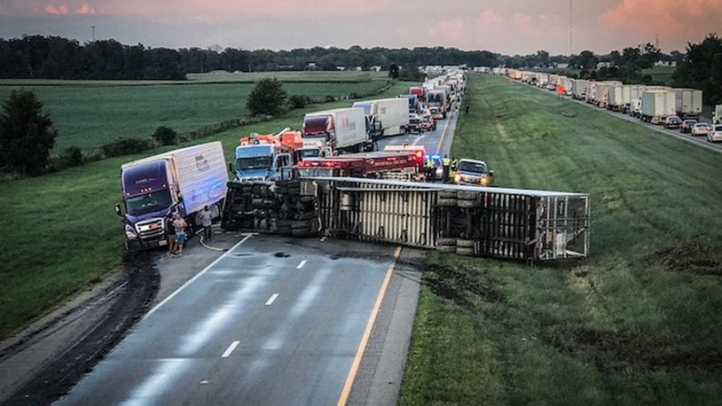 A semitrailer rolled onto its side on Wednesday on Interstate 70 in Brookville near the Preble County line. The backups rollovers cause concernes local officials. JIM NOELKER / STAFF