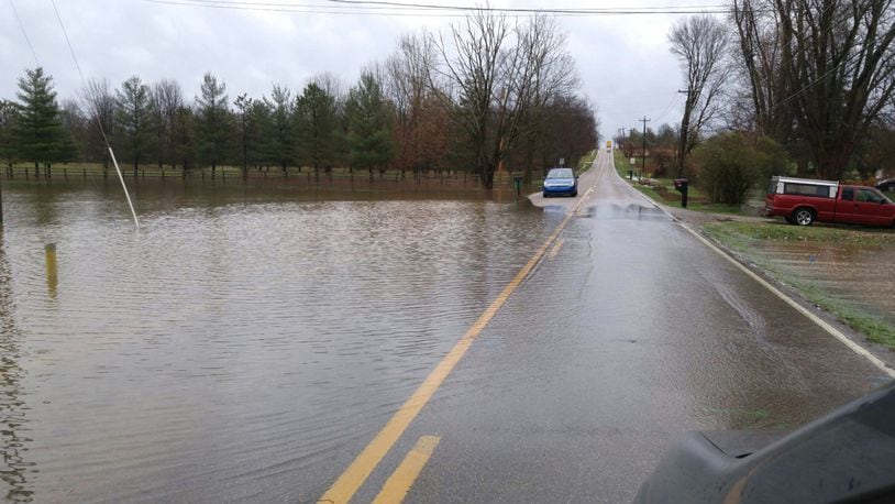 Water covers Millikin Road between Cincinnati Dayton Road and Yankee Road in Liberty Twp. This is a common problem area during heavy rain.