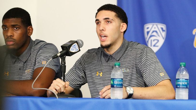 UCLA basketball players LiAngelo Ball and Cody Riley. left, addressed the media when they returned from China.