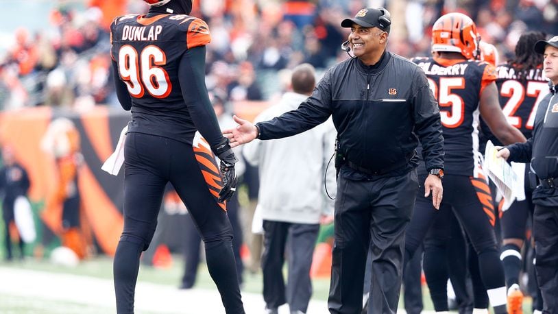Bengals head coach Marvin Lewis was quite happy after  Carlos Dunlap made against the Ravens in a 27-10 win over the Ravens on Jan. 1 in Paul Brown Stadium. He was pleased as well over the weekend when he made a fancy putt from off a green in a celebrity golf tournament in Lake Tahoe.