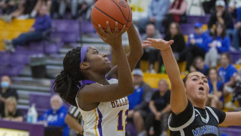 Bellbrook’s Dreann Pryce shoots over Miamisburg’s Anna Long during a game at Bellbrook on Dec. 29, 2021. Pryce came off the bench to contribute seven points, four steals and three assists in Bellbrook’s win. Jeff Gilbert/CONTRIBUTED