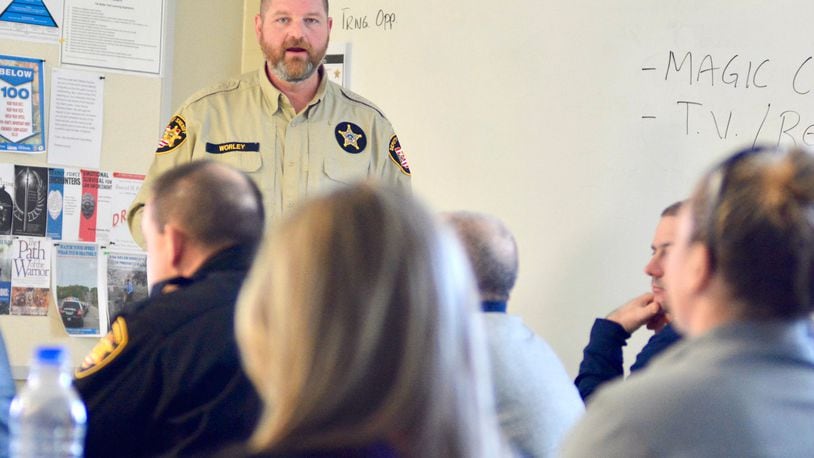 Butler County Sheriff’s Office Specialist Mark Worley leads a training class of Butler County law enforcement officers on Thursday, March 16, 2017, at the Butler Tech Public Safety Education Complex in Liberty Twp. The Butler County Sheriff’s Office is coordinating some of the mandated training by the state to ensure all officers receive the mandated training. MICHAEL D. PITMAN/STAFF