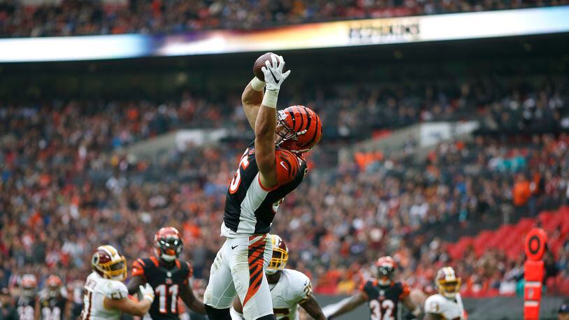 LONDON, ENGLAND - OCTOBER 30: Tyler Eifert #85 of the Cincinnati Bengals catches a touchdown pass during the NFL International Series game against the Washington Redskins at Wembley Stadium on October 30, 2016 in London, England. (Photo by Alan Crowhurst/Getty Images)