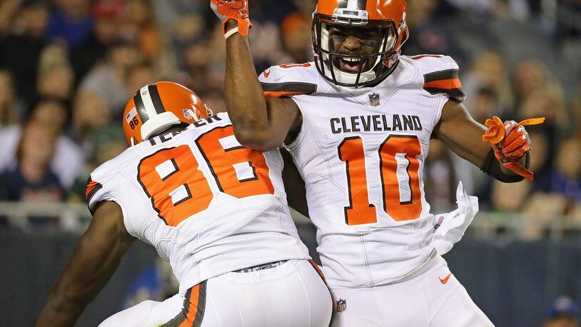 CHICAGO, IL - AUGUST 31: Randall Telfer #86 and Rasheed Bailey #10 of the Cleveland Browns celebrate a touchdown by Telfer against the Chicago Bears during a preseason game at Soldier Field on August 31, 2017 in Chicago, Illinois. (Photo by Jonathan Daniel/Getty Images)