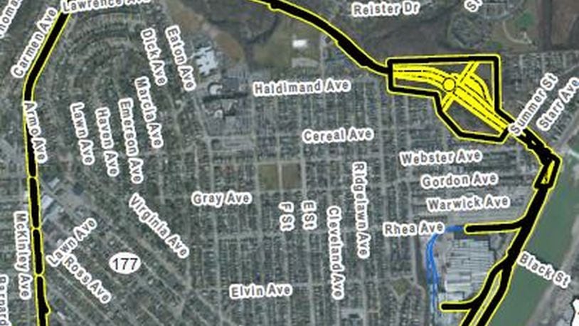 The dark lines indicate the portion of a rail line that once serviced the old Champion Paper plant on the west side of the Great Miami River. The city of Hamilton wants to acquire the former rail line from CSX to develop the Hamilton Beltline bike path. CONTRIBUTED