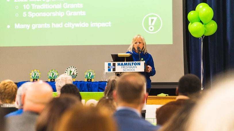 Peggy Bange, the city of Hamilton's liaison to the 17Strong Microgrant Committee, speaks at the Jan. 21, 2023, 17Strong Community Breakfast at the Hamilton Freshman School. PROVIDED