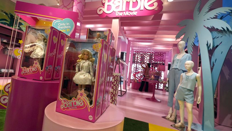 FILE - Barbie-themed merchandise is displayed at Bloomingdale's, in New York, July 20, 2023. (AP Photo/Richard Drew, File)
