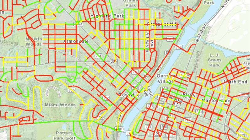 As part of its public-input process for which streets should be paved with street-levy money, Hamilton has posted an online map showing the official street conditions of roadways in the city. Those in red are worst, with a “pavement condition index of 1-54. Yellow streets are next worst, with PCIs of 55-75. Green streets are best, with PCIs of 76 or higher. They were rated by third-party consultants. PROVIDED
