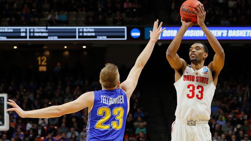 BOISE, ID - MARCH 15:  Keita Bates-Diop #33 of the Ohio State Buckeyes shoots the ball against Reed Tellinghuisen #23 of the South Dakota State Jackrabbits in the first half during the first round of the 2018 NCAA Men's Basketball Tournament at Taco Bell Arena on March 15, 2018 in Boise, Idaho.  (Photo by Kevin C. Cox/Getty Images)