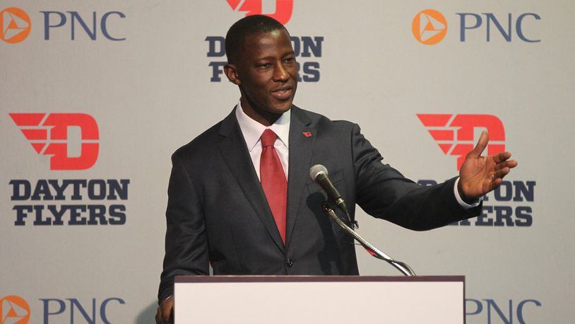 Dayton basketball coach Anthony Grant speaks at his introductory press conference on Saturday, April 1, 2017, at UD Arena. David Jablonski/Staff