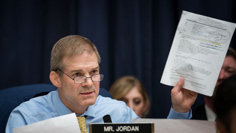 Rep. Jim Jordan (R-Ohio) questions Peter Strzok, the FBI deputy assistant director, at a hearing of the House Committees on the Judiciary and Oversight & Government Reform on Capitol Hill in Washington, July 12, 2018. Strzok, who oversaw the opening of the Russia investigation, mounted an aggressive personal defense, rejecting accusations that he let his private political views bias his official actions and labeling Republican attacks on him another victory notch in Putins belt. (Erin Schaff/The New York Times)