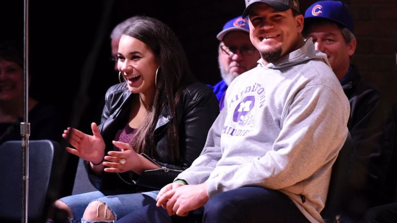 Kyle Schwarber, a Middletown native and member of the 2016 World Series champion Chicago Cubs, met with Middletown High School students Tuesday, Nov. 22. NICK GRAHAM/STAFF
