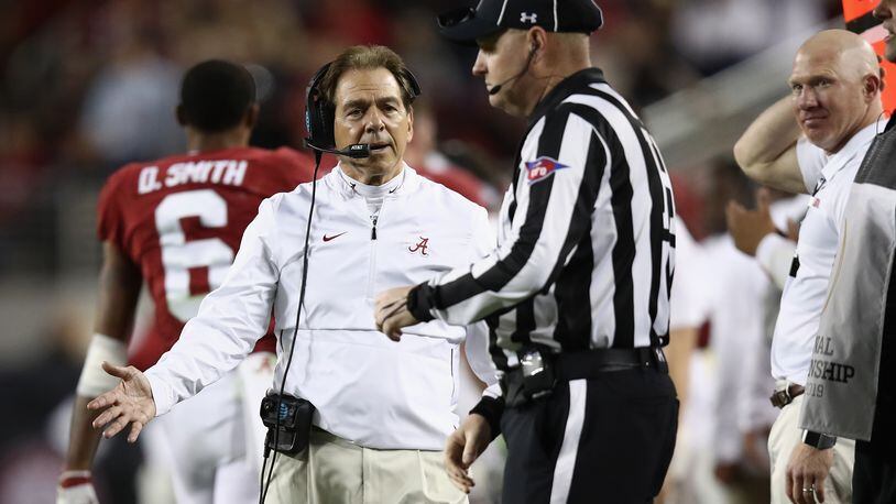 SANTA CLARA, CA - JANUARY 07:  Head coach Nick Saban of the Alabama Crimson Tide reacts to the official against the Clemson Tigersin the CFP National Championship presented by AT&T at Levi's Stadium on January 7, 2019 in Santa Clara, California.  (Photo by Ezra Shaw/Getty Images)